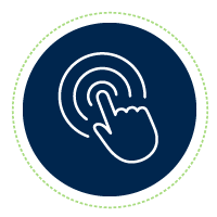 icon of a hand clicking a button within a dark navy circle, representing making an online booking