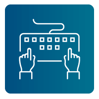 icon of hands typing on a keyboard against a blue-green background