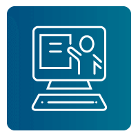 icon of a trainer delivering live virtual classroom training against a blue-green background