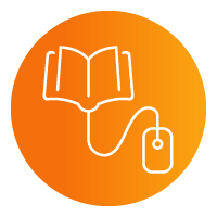 icon of a mouse connecting to a textbook against an orange-yellow background